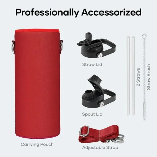 Buzio Duet Series Water Bottle with 2 Lids and Sleeve 1.2L - Red